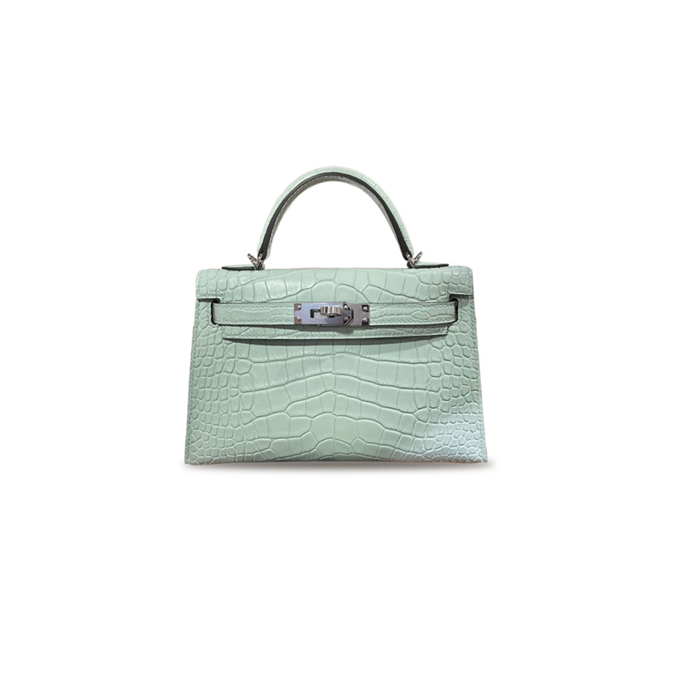 H**mes master mini kelly ii matte crocodile leather mint green silver buckle (19*12*5.5cm)
